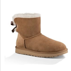UGG Mini Bailey Bow II Genuine Shearling Bootie in Chestnut Suede